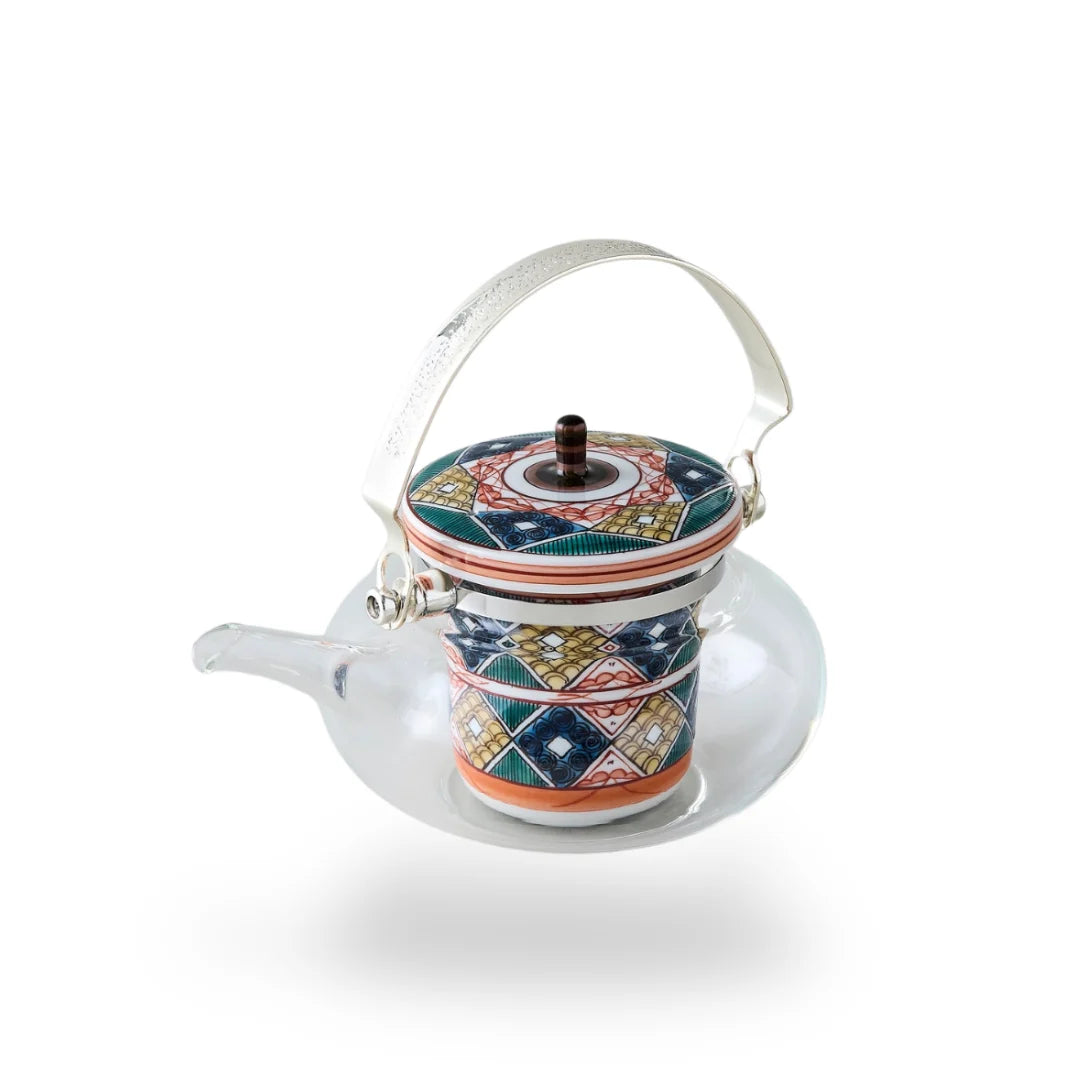 Kōdai Ko-Kutani glass teapot with diamond motif, elegant Japanese craftsmanship for tea lovers.