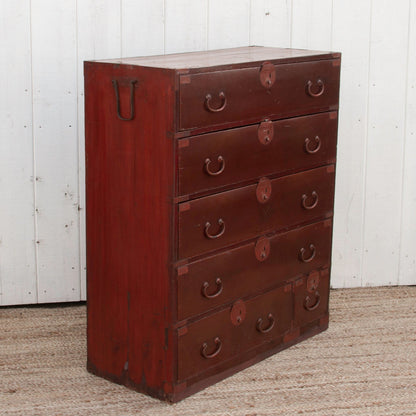 Koga antique Japanese painted tansu dresser with hand-painted details, traditional design, and vintage wood craftsmanship.