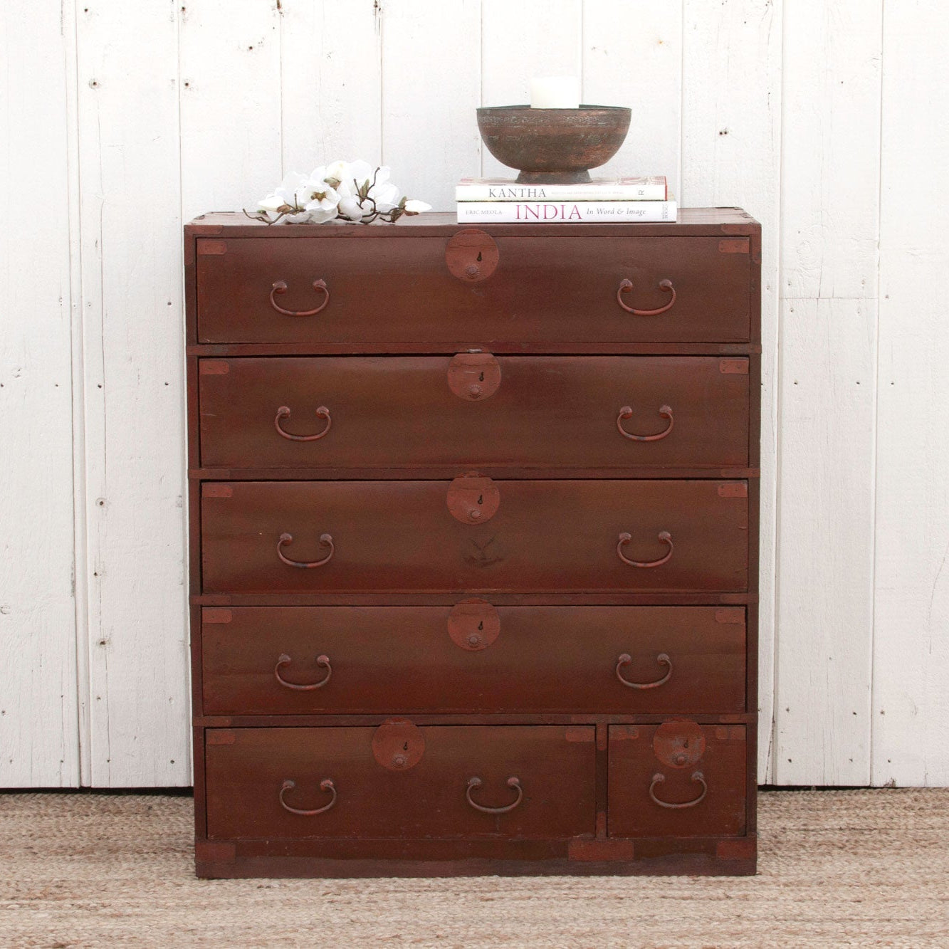Koga antique Japanese painted tansu dresser with hand-painted details, traditional design, and vintage wood craftsmanship.