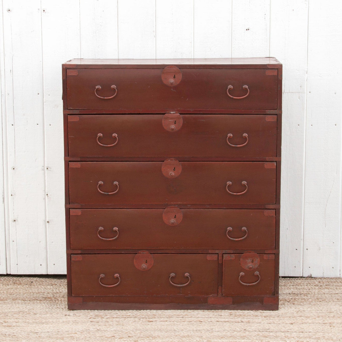 Koga antique Japanese painted tansu dresser with hand-painted details, traditional design, and vintage wood craftsmanship.