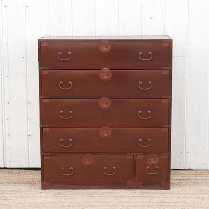 Koga antique Japanese painted tansu dresser with hand-painted details, traditional design, and vintage wood craftsmanship.