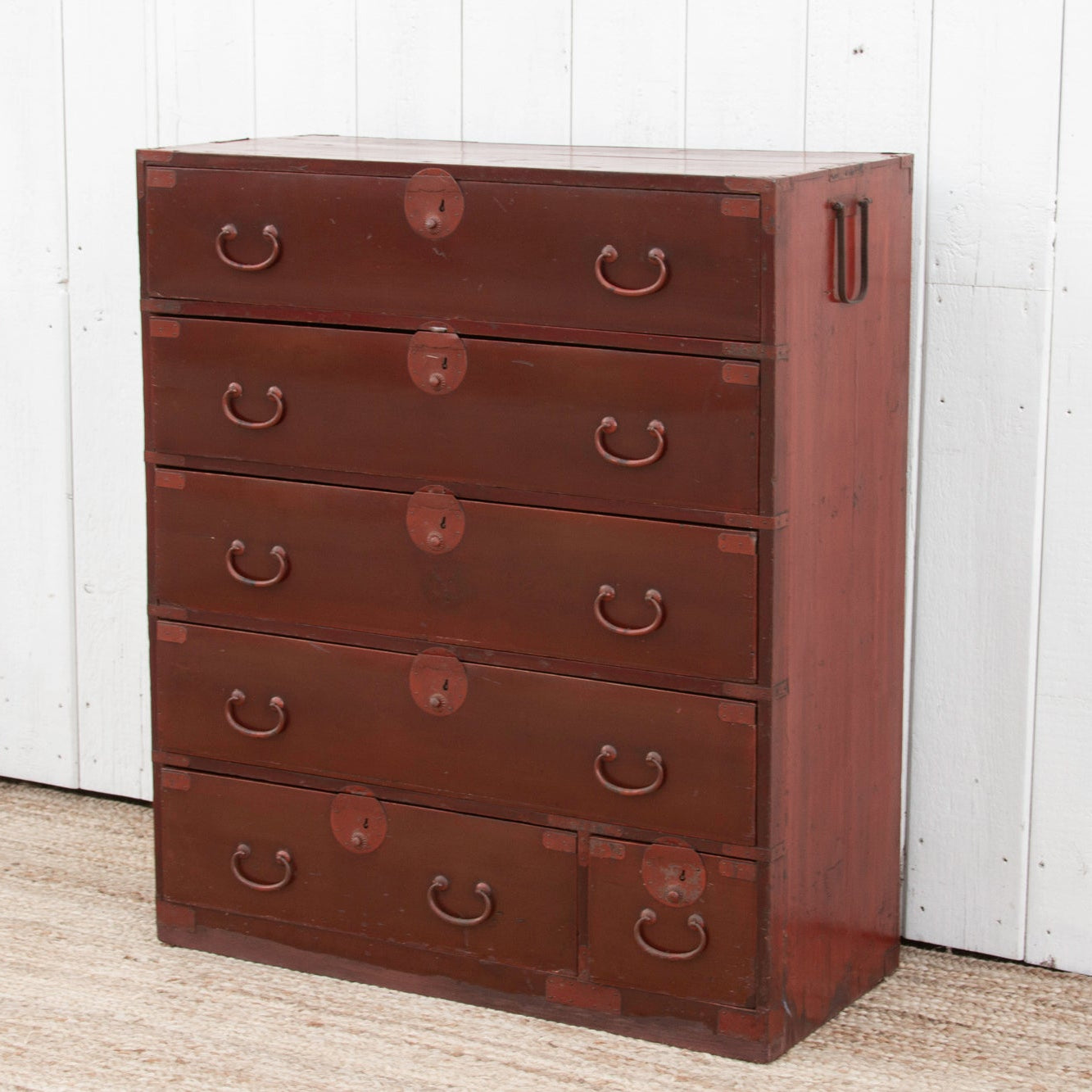 Koga antique Japanese painted tansu dresser with hand-painted details, traditional design, and vintage wood craftsmanship.