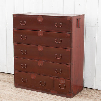 Koga antique Japanese painted tansu dresser with hand-painted details, traditional design, and vintage wood craftsmanship.