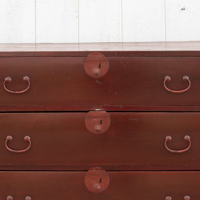 Koga antique Japanese painted tansu dresser with hand-painted details, traditional design, and vintage wood craftsmanship.
