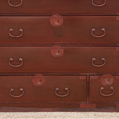 Koga antique Japanese painted tansu dresser with hand-painted details, traditional design, and vintage wood craftsmanship.