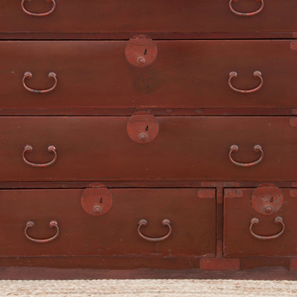 Koga antique Japanese painted tansu dresser with hand-painted details, traditional design, and vintage wood craftsmanship.