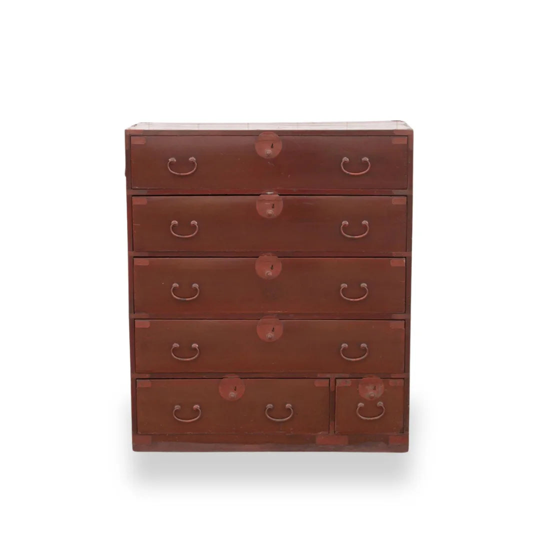 Koga antique Japanese painted tansu dresser with hand-painted details, traditional design, and vintage wood craftsmanship.