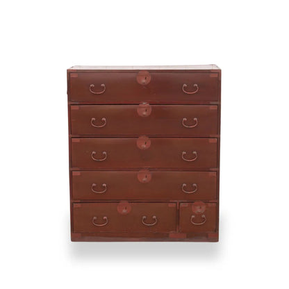 Koga antique Japanese painted tansu dresser with hand-painted details, traditional design, and vintage wood craftsmanship.