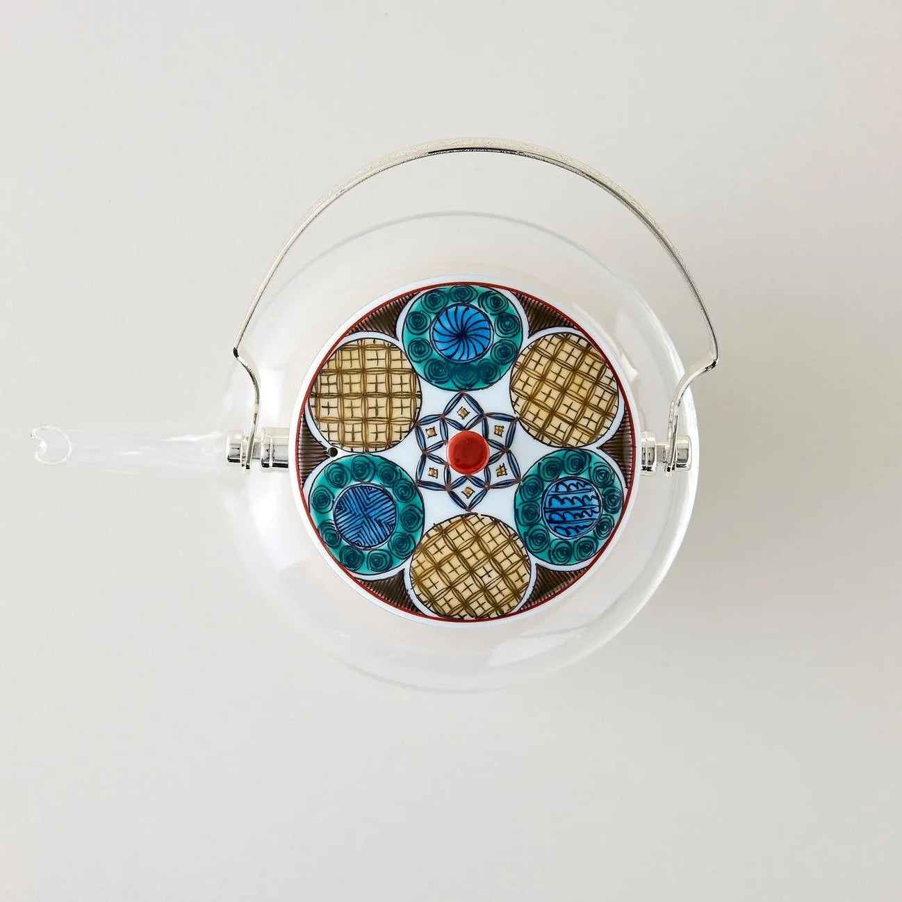 Kokuten Kutani glass teapot with Ko-Kutani circle motif, handcrafted Japanese teaware for tea lovers.