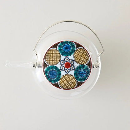 Kokuten Kutani glass teapot with Ko-Kutani circle motif, handcrafted Japanese teaware for tea lovers.