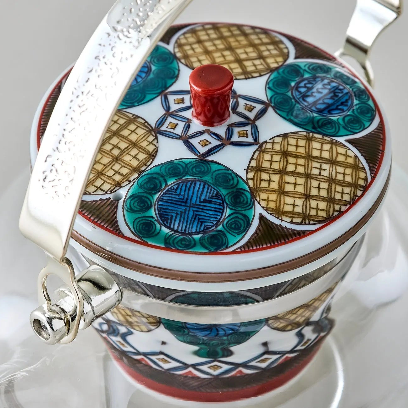 Kokuten Kutani glass teapot with Ko-Kutani circle motif, handcrafted Japanese teaware for tea lovers.