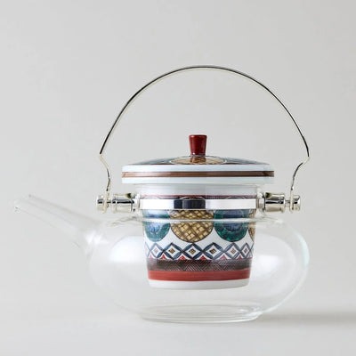 Kokuten Kutani glass teapot with Ko-Kutani circle motif, handcrafted Japanese teaware for tea lovers.