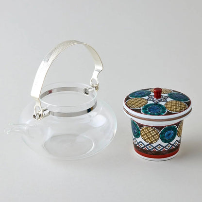 Kokuten Kutani glass teapot with Ko-Kutani circle motif, handcrafted Japanese teaware for tea lovers.