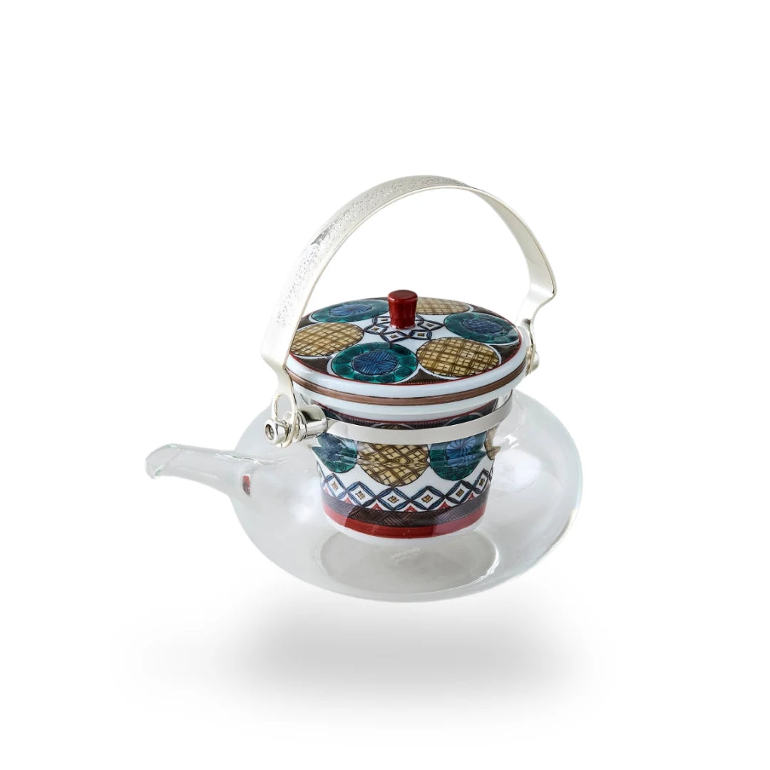 Kokuten Kutani glass teapot with Ko-Kutani circle motif, handcrafted Japanese teaware for tea lovers.