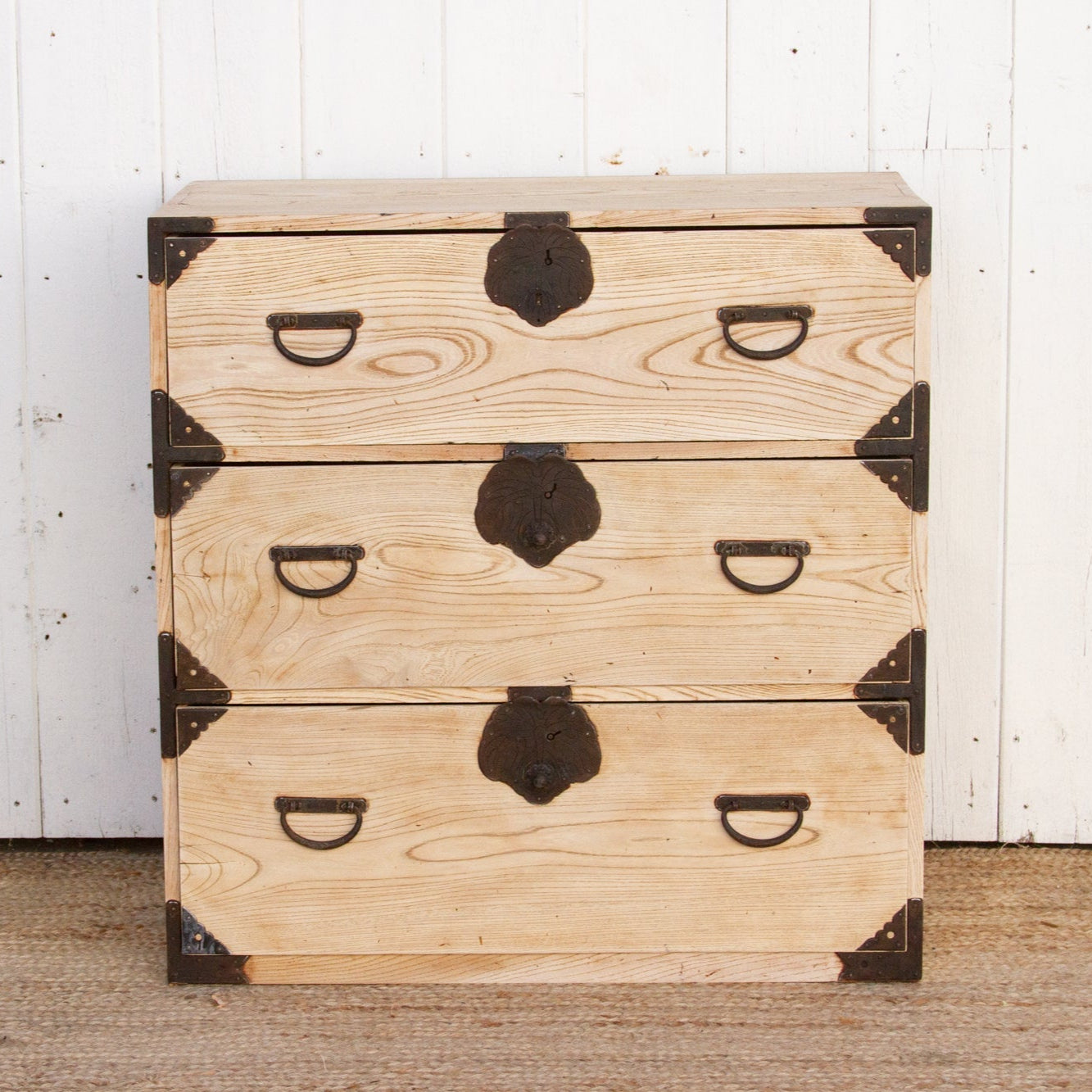 Komorebi antique Japanese tansu dresser made of bleached wood, showcasing wabi-sabi style and traditional craftsmanship.