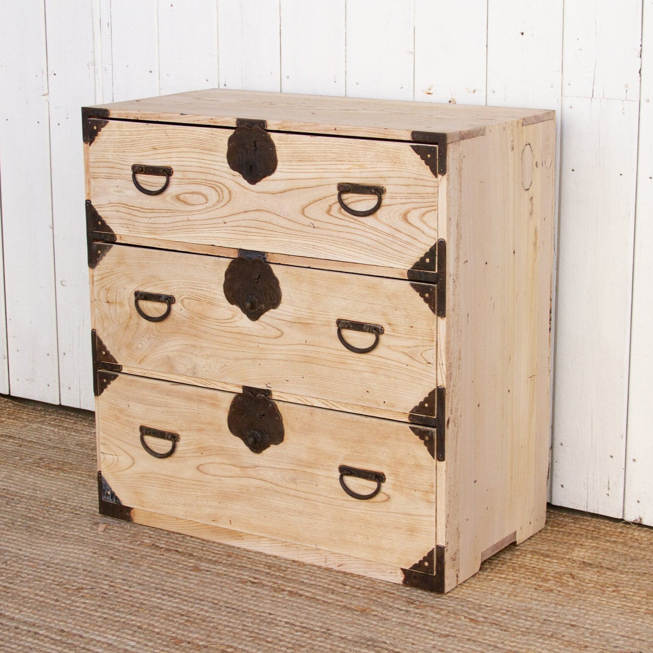 Komorebi antique Japanese tansu dresser made of bleached wood, showcasing wabi-sabi style and traditional craftsmanship.