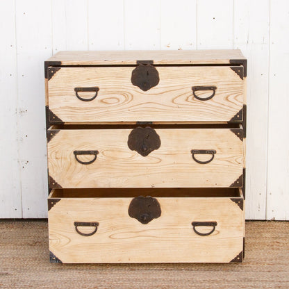 Komorebi antique Japanese tansu dresser made of bleached wood, showcasing wabi-sabi style and traditional craftsmanship.