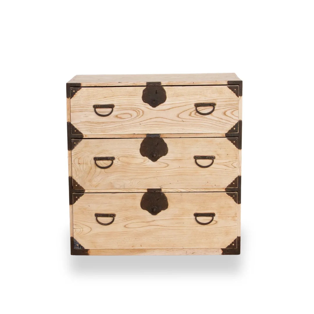 Komorebi antique Japanese tansu dresser made of bleached wood, showcasing wabi-sabi style and traditional craftsmanship.