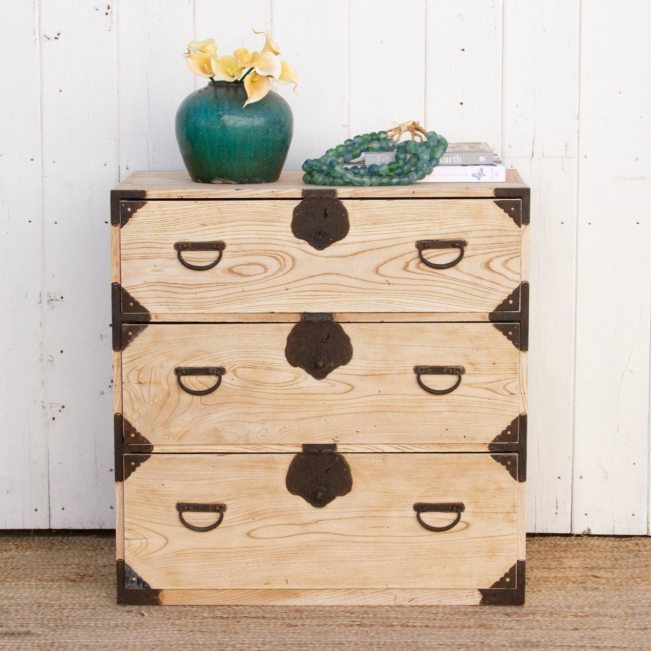 Komorebi antique Japanese tansu dresser made of bleached wood, showcasing wabi-sabi style and traditional craftsmanship.