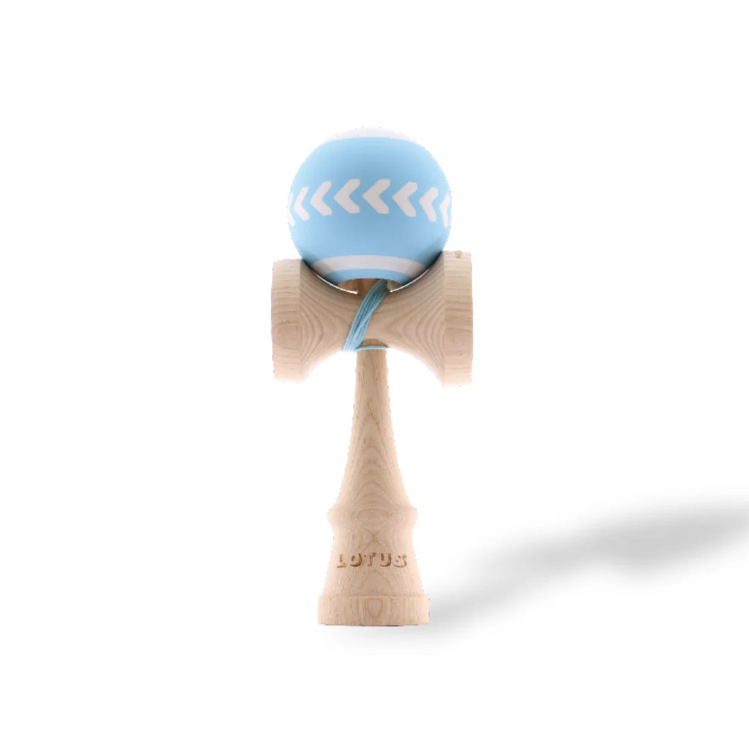Lotus Fly Kendama blue maple wood skill toy for balance tricks, ideal for beginners and pros alike.