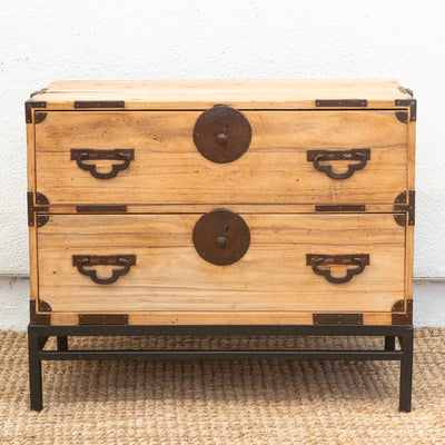 Antique Japanese Meiji-era tansu chest on stand – handcrafted wood storage with traditional joinery and timeless design.