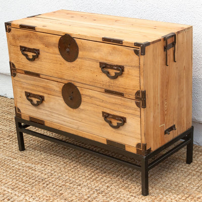 Antique Japanese Meiji-era tansu chest on stand – handcrafted wood storage with traditional joinery and timeless design.