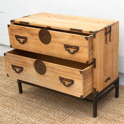Antique Japanese Meiji-era tansu chest on stand – handcrafted wood storage with traditional joinery and timeless design.