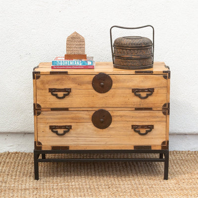 Antique Japanese Meiji-era tansu chest on stand – handcrafted wood storage with traditional joinery and timeless design.