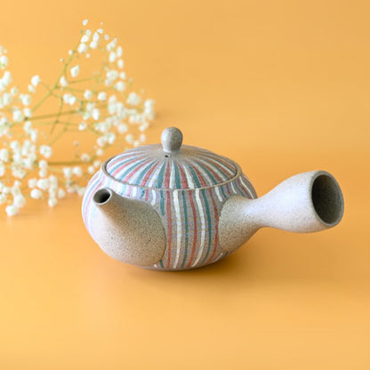 Miyabi Striped Tokoname-Yaki Kyusu Teapot handcrafted in Japanese clay for authentic tea brewing.