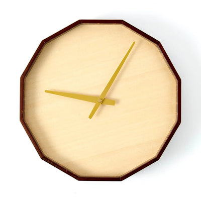 Mokuroku 12-sided Japanese wooden wall clock made of cherry wood with minimalist design and brass hands, handcrafted in Japan.
