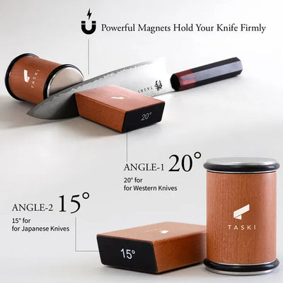 Rolling knife sharpener with diamond discs and angle guide for precise, easy blade sharpening.