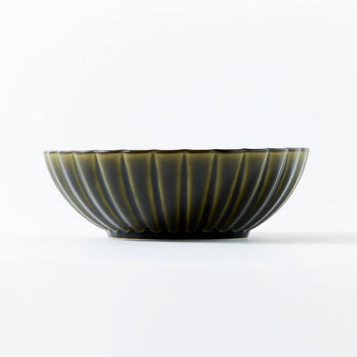 Ryokushin Japanese deep ceramic bowl in Rikyu green, large size – perfect for noodles, soups, or elegant table display.