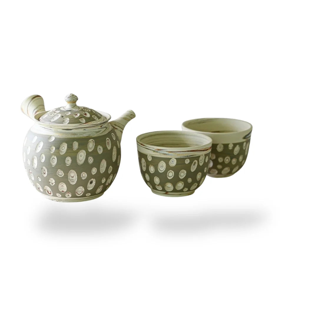 Seijaku Japanese Kyusu tea set with traditional ceramic teapot and cups for authentic green tea brewing.