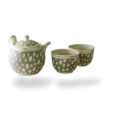 Seijaku Japanese Kyusu tea set with traditional ceramic teapot and cups for authentic green tea brewing.