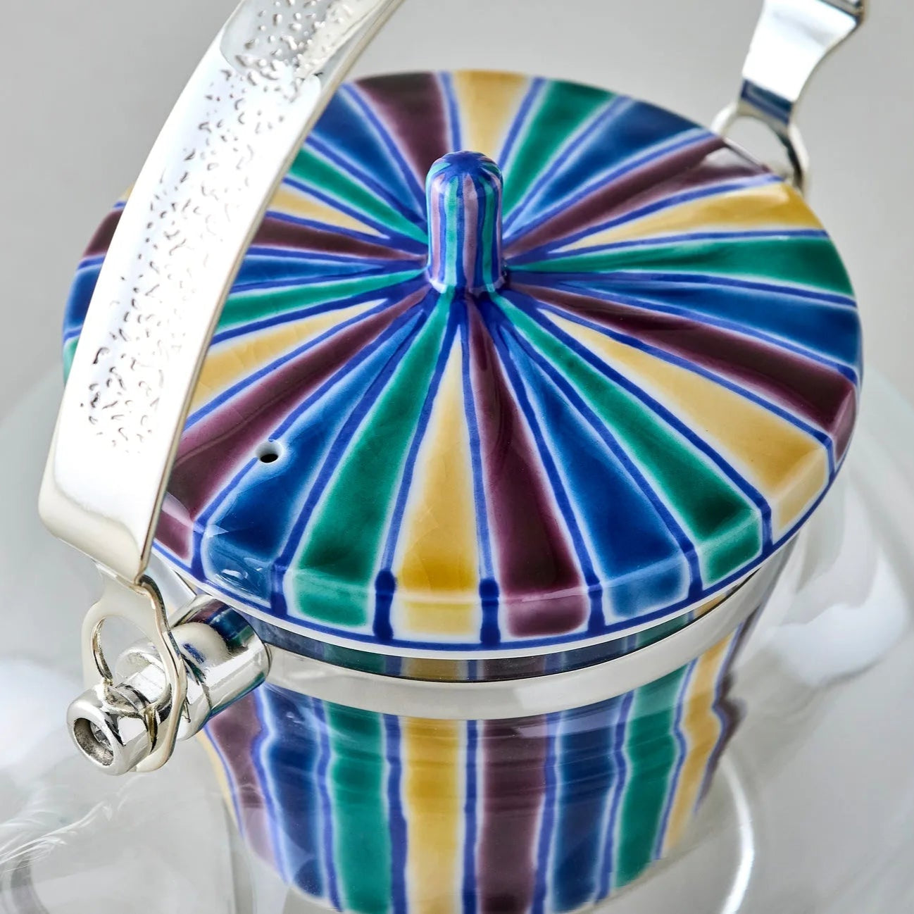 Seika Kutani glass teapot with blue Iroe Tokusa motif, handcrafted Japanese tea pot for elegant tea serving.