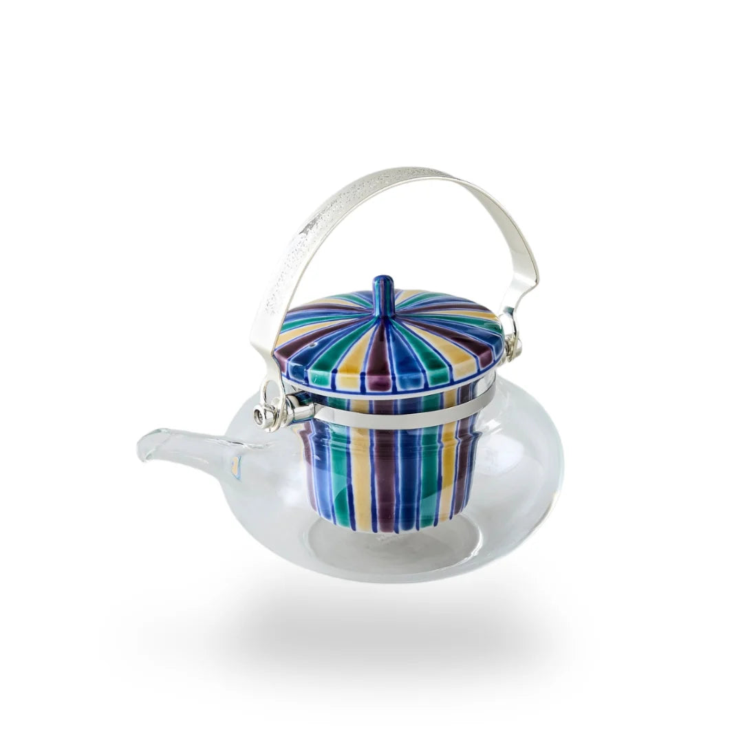 Seika Kutani glass teapot with blue Iroe Tokusa motif, handcrafted Japanese tea pot for elegant tea serving.