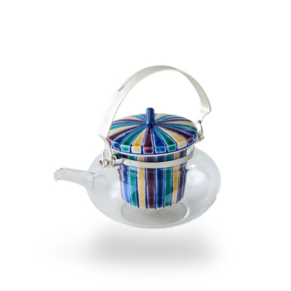 Seika Kutani glass teapot with blue Iroe Tokusa motif, handcrafted Japanese tea pot for elegant tea serving.