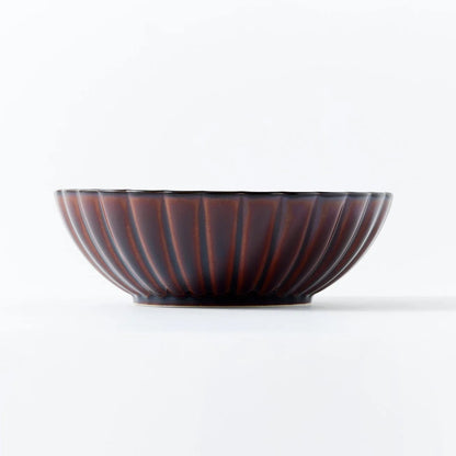 Shitsuei Japanese deep round lacquer bowl in rich brown, large size, handcrafted for elegant traditional serving.