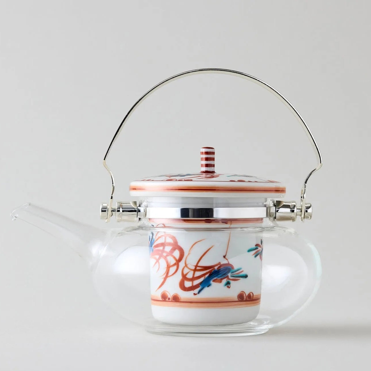 Shuchō Kutani glass teapot with red Akae bird motif, elegant Japanese tea kettle for tea lovers.