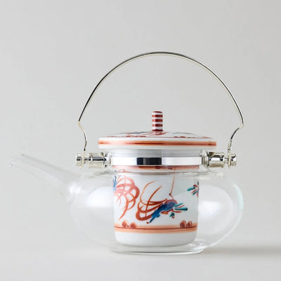 Shuchō Kutani glass teapot with red Akae bird motif, elegant Japanese tea kettle for tea lovers.