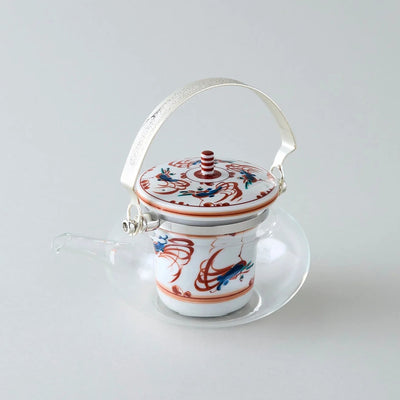Shuchō Kutani glass teapot with red Akae bird motif, elegant Japanese tea kettle for tea lovers.