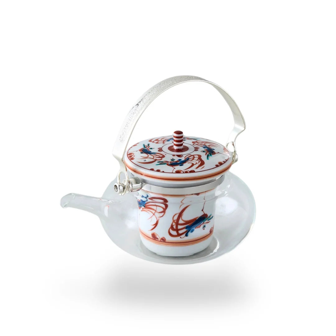 Shuchō Kutani glass teapot with red Akae bird motif, elegant Japanese tea kettle for tea lovers.