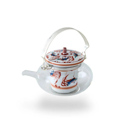 Shuchō Kutani glass teapot with red Akae bird motif, elegant Japanese tea kettle for tea lovers.