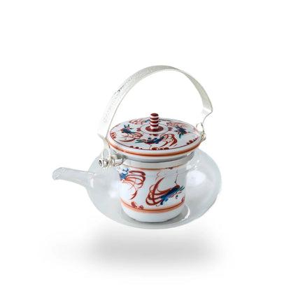 Shuchō Kutani glass teapot with red Akae bird motif, elegant Japanese tea kettle for tea lovers.