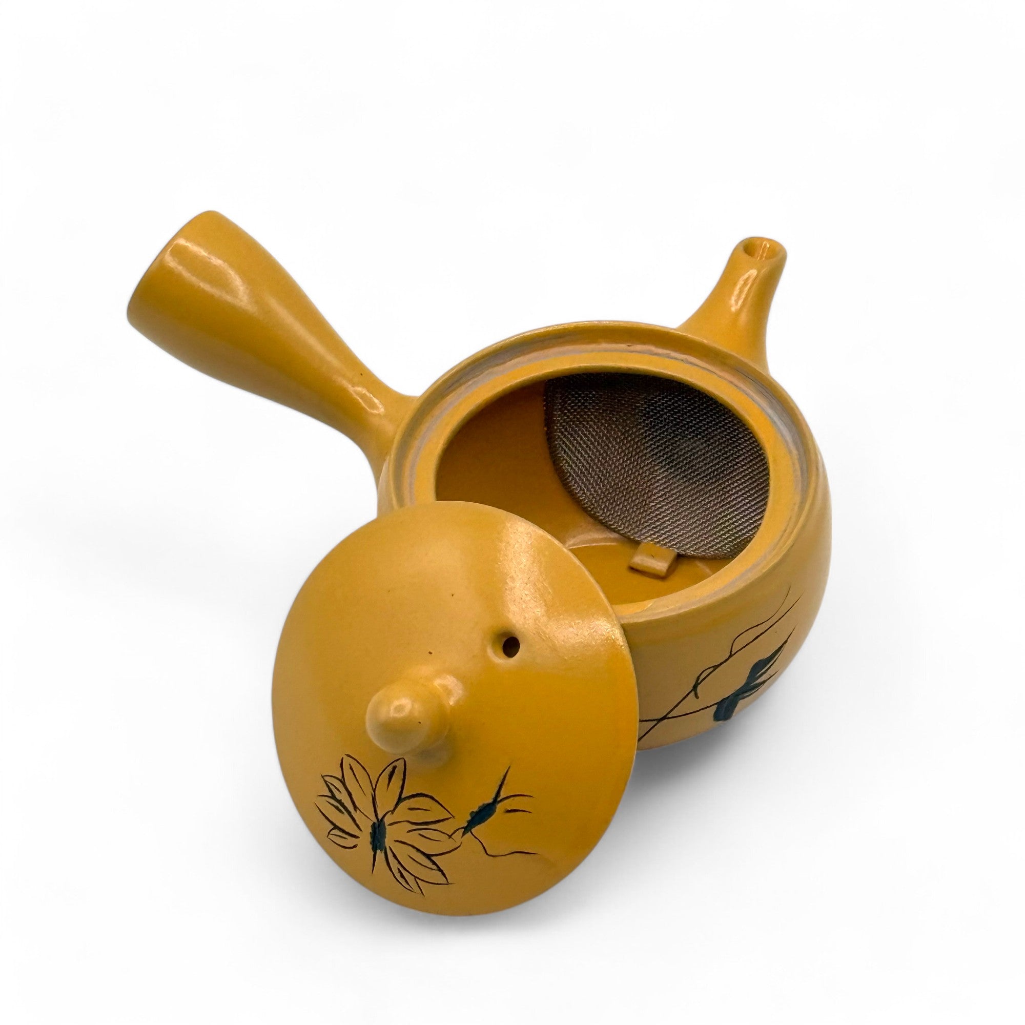 Yixing Hanabori yellow Tokoname-yaki Kyusu Japanese mini teapot – handmade ceramic teaware for loose leaf tea.
